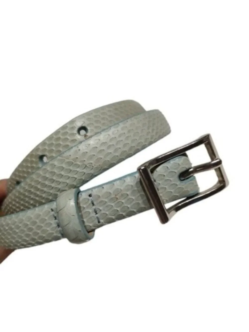 DKNY Light Blue Snakeskin Leather Skinny Belt L